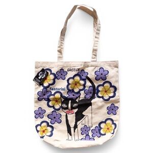 Santorini Cat Print Cream Tote Bag